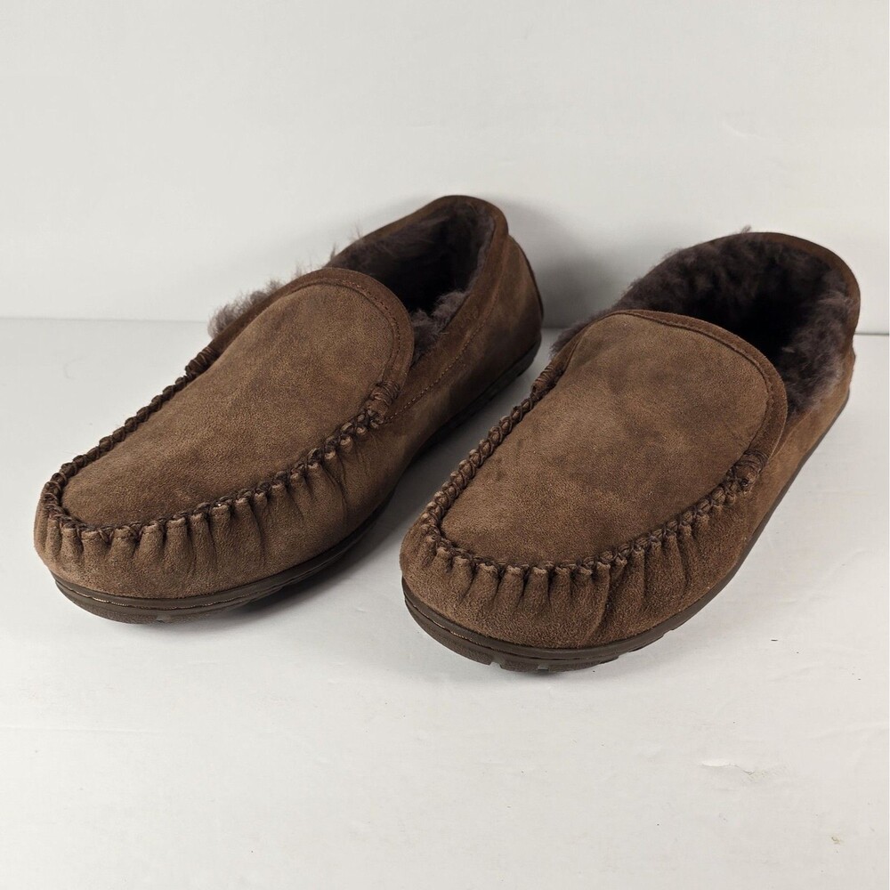 LL Bean Men's Wicked Good Slippers Moccasins Brown Suede Shearling Size 11 NEW